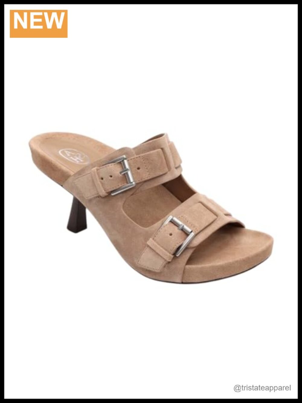 Suede Heeled Slide Sandals Leather Lined Open Toe Double Strap Slip On